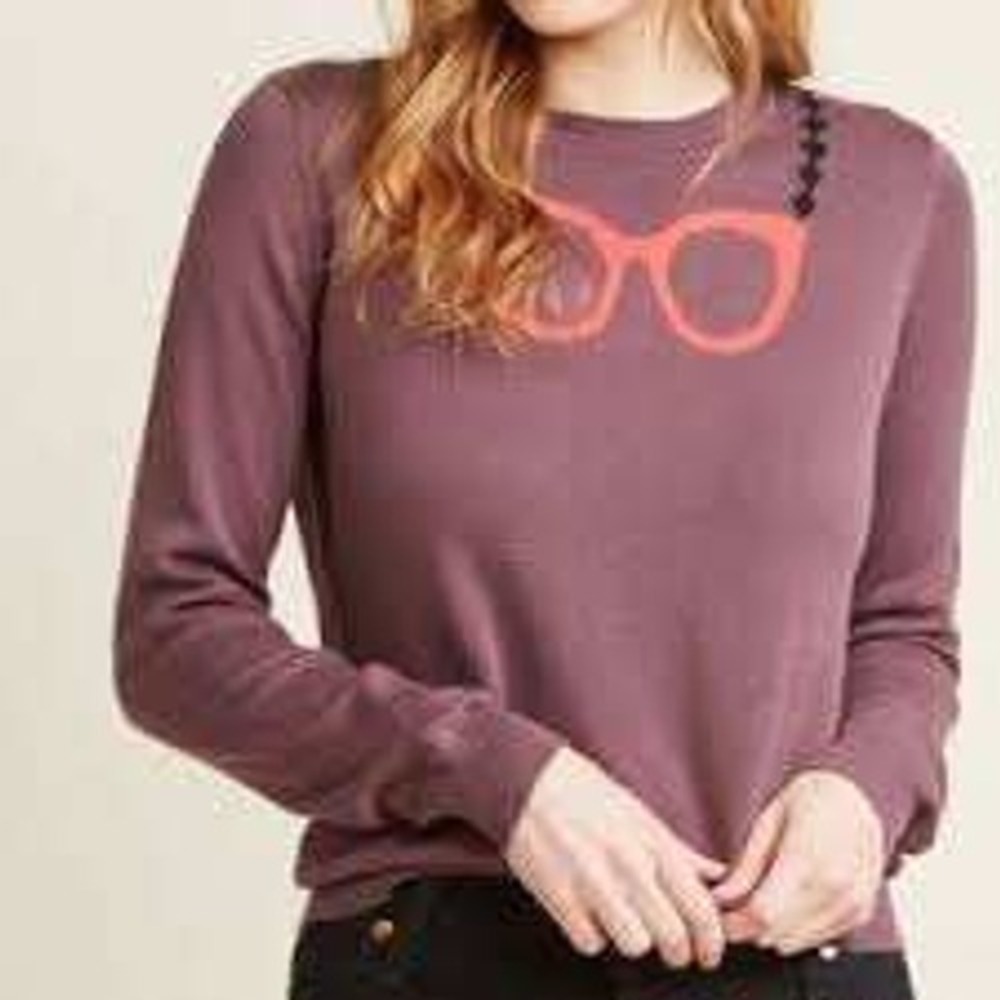 fervour Women's Pullover Sweater Glasses Print Long Sleeve Mauve Size L